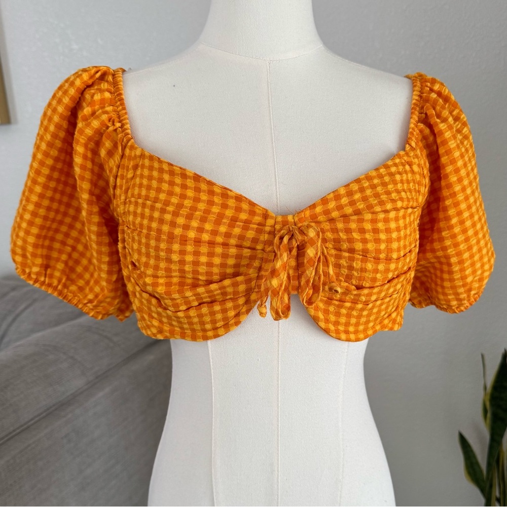 Orange Gingham Crop Top M Cottagecore Prairie Country Western Boho Festival